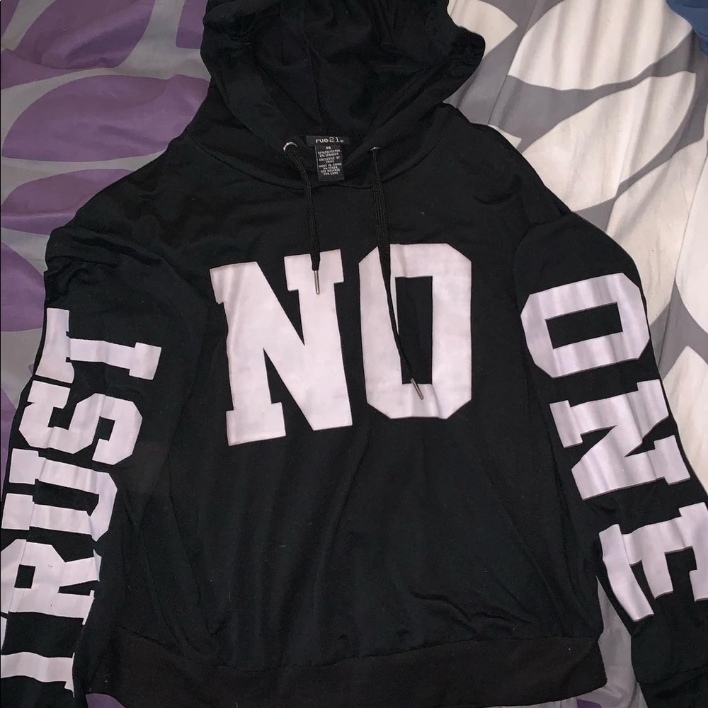 trust no one crop top hoodie